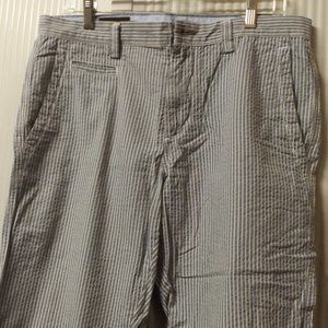 BLUE AND WHITE STRIPED SEERSUCKER PANTS, STRAIGHT LEG, 32/30